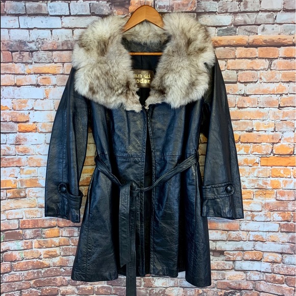 dan di modes Jackets & Blazers - Black Leather Medium Length Trench With Fox Fur